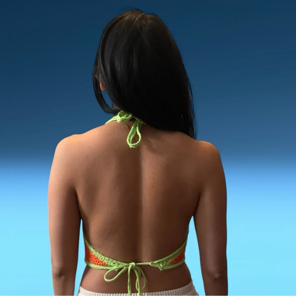 NWOT CROCHETED BRIGHT ORANGE AND NEON GREEN HALTER TOP FESTIVAL BEACH BOHO - Picture 2 of 4